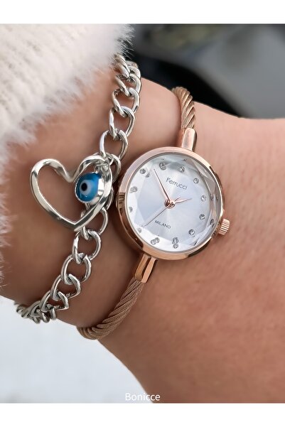 Ferrucci Women's Watch, Handcuff Steel Band, Rose Color. Vintage Mini Safe, Cut Glass, with Heart Bracelet Gift