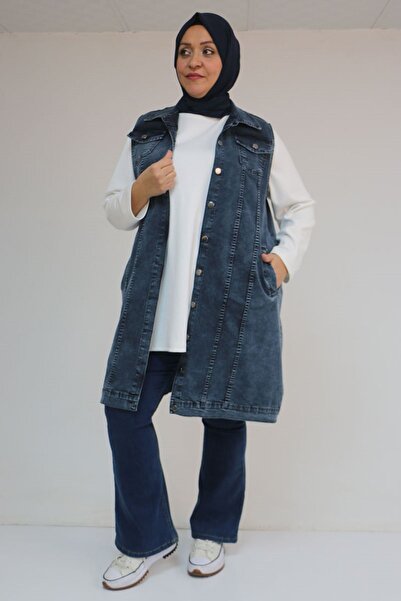 Eslina 44002 Plus Size Double Pocket Denim Vest - Snow Wash Navy Blue