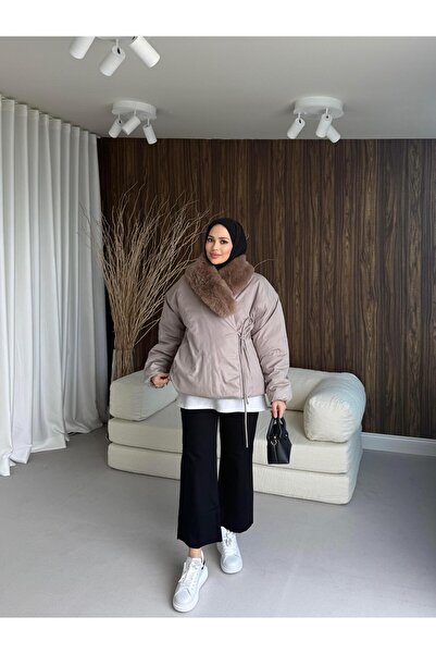 QALVE Palton cu detalii din blană, gri