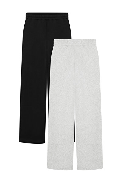 veres Women's Black and Gray Two-Piece High-Waisted Winter Fleece-Lined Wide-Leg Sweatpants with Stitched Cuffs