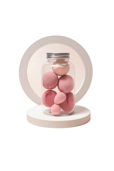 Valkry Set of 7 makeup sponges with jar-shaped travel/storage case, for wet a...