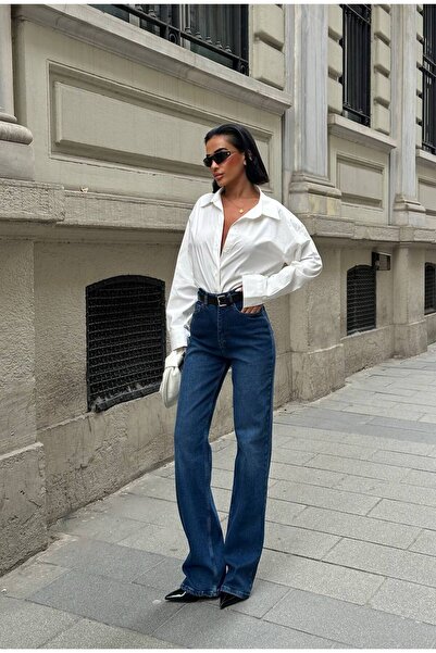 Diviny Γυναικείο παντελόνι με ψηλόμεσο μπλε ναυτικό χρώμα Regular Palazzo Jean