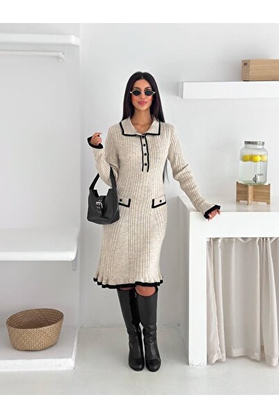 ABBA فستان تريكو قصير بياقة بولو ونسيج ناعم بلون حجري