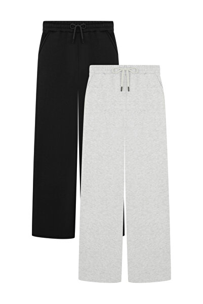 veres Women's Black and Gray Two-Piece High-Waisted Winter Fleece-Lined Wide-Leg Sweatpants with Stitched Cuffs