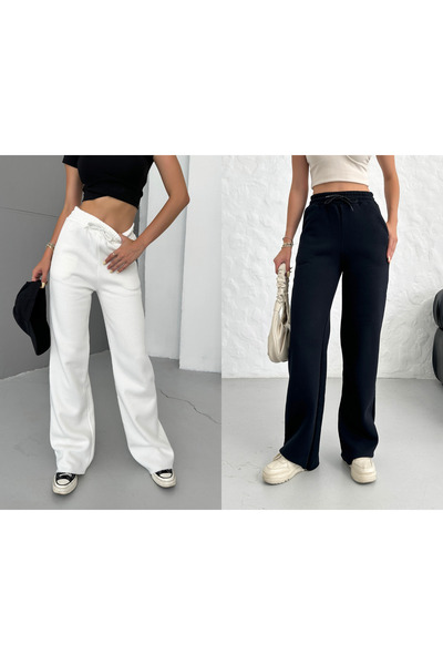 veres Women's Black and White Two-Piece High-Waisted Winter Fleece-Lined Wide-Leg Sweatpants with Stitched Cuffs