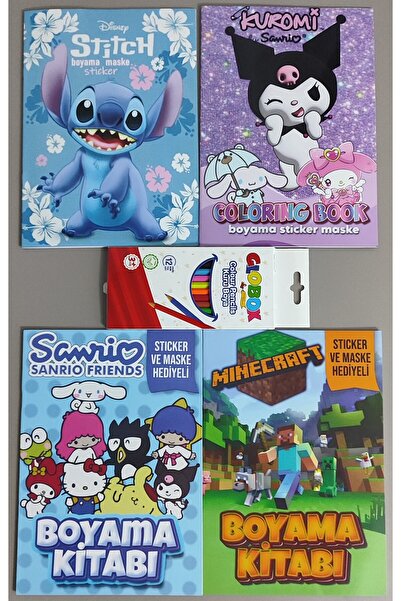 ada çanta kırtasiye 4 adet stickerli boyama kitabı ve 12 li kuru boya kalemi ...