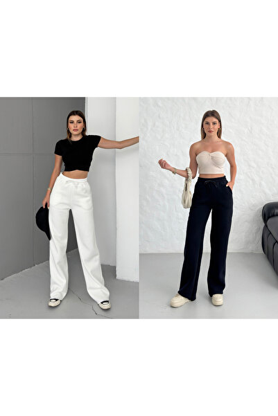 veres Women's Black and White Two-Piece High-Waisted Winter Fleece-Lined Wide-Leg Sweatpants with Stitched Cuffs