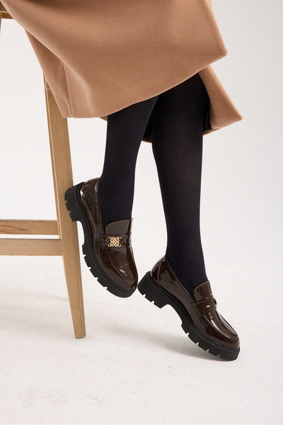 Jande Kadın Kahverengi Rugan Kalın Taban Loafer – Metal Tokalı Günlük & Ofis ...