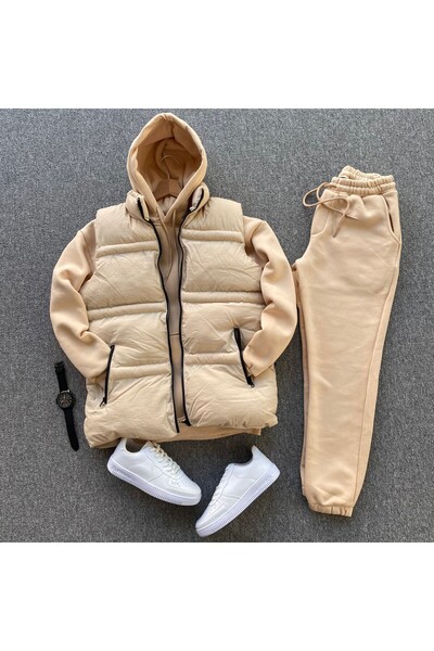 THANBUTİK طقم سترة قابلة للنفخ وبدلة رياضية من الصوف بثلاث خيوط