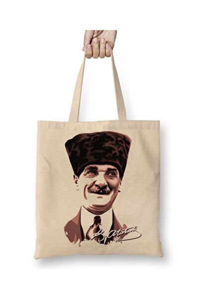 Toyaso Mustafa Kemal Ataturk White Cloth Bag Long Handle Shopping Bag Beach Bag