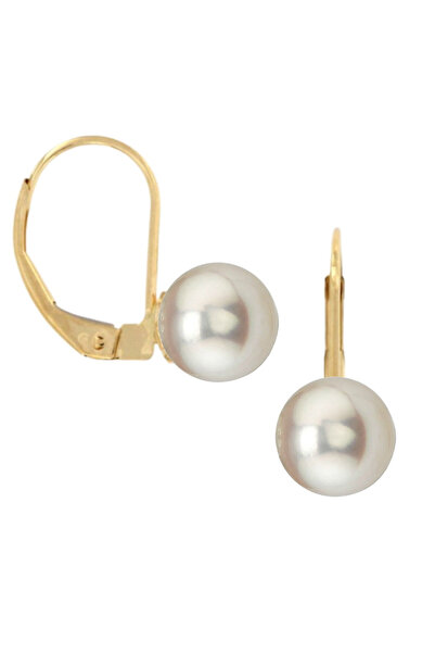 Kaskadda Round White Pearl Earrings 8–8.5 mm, 14K Yellow Gold, Dark Tortoise ...