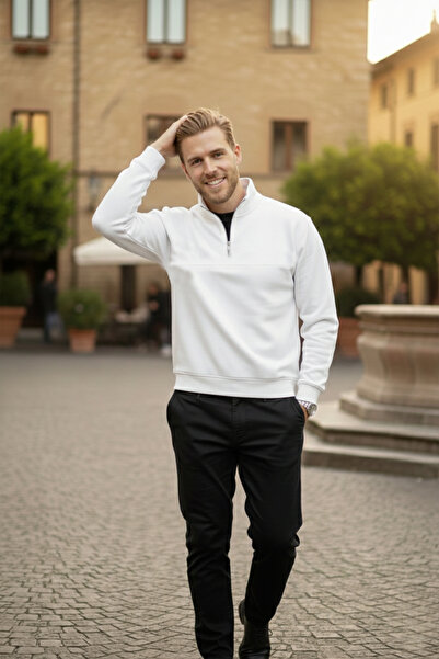 DeepSEA Men's White Relax Fit Fleece Inside 100% Cotton Half Zipper D Mock Neck Sweatshirt 2600760