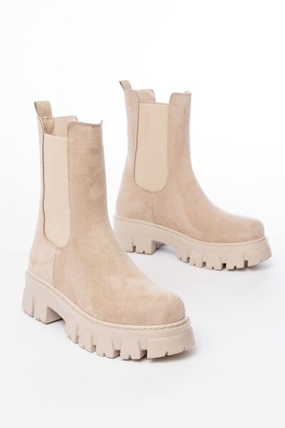 Zerenyus Zri̇n-299 Premium Beige Suede High-Sole Elastic Daily Women's Boots