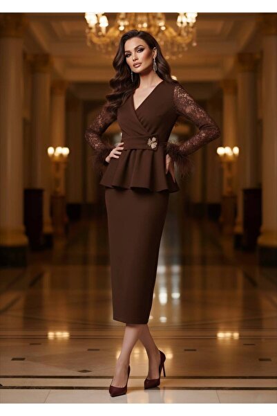 asyadabutik Women's Imported Fabric Sleeve Lace and Sleeve Tip Otriş Detailed Accessory Skirt Blouse Two-Piece Set