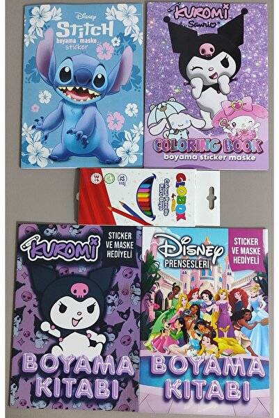 ada çanta kırtasiye 4 adet stickerli boyama kitabı ve 12 li kuru boya kalemi ...