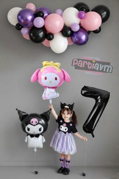 PARTİAVM 7 Year Old Kuromi and My Melody Black Number Balloon Balloon Chain F...