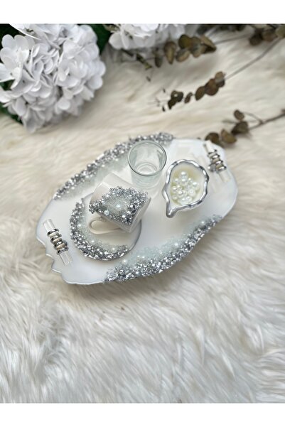 RESİNARTSHOP Epoksi Tepsi 5 parça Damat Tepsisi Seti taş+İncili Gümüş