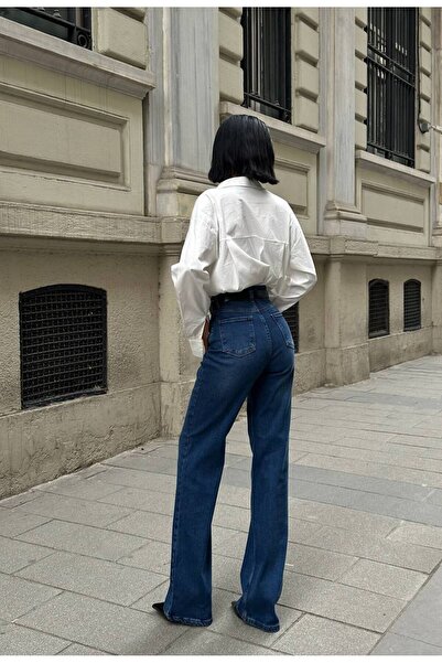 Diviny Γυναικείο παντελόνι με ψηλόμεσο μπλε ναυτικό χρώμα Regular Palazzo Jean