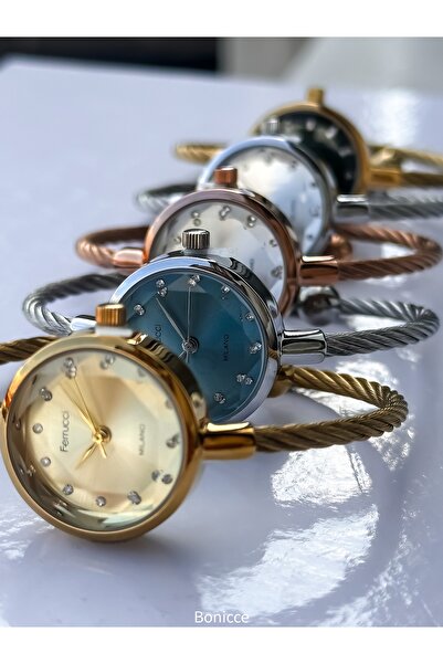 Ferrucci Women's Watch, Handcuff Steel Band, Yellow Color. Vintage Mini Safe, Cut Glass, with Heart Bracelet Gift