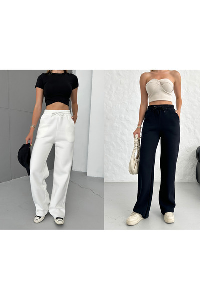 veres Women's Black and White Two-Piece High-Waisted Winter Fleece-Lined Wide-Leg Sweatpants with Stitched Cuffs