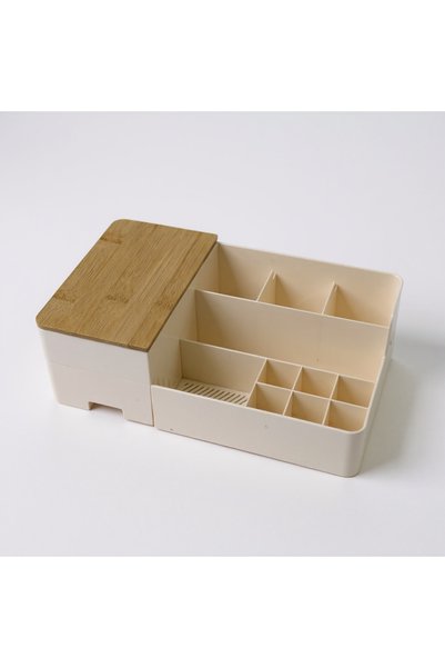 Saros Group Mirrored Makeup Organizer with Bamboo Lid - Portable Cosmetic and Brush Organizer with Drawers