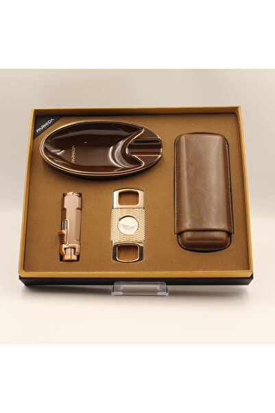 COHİBA Parmida Çakmak Kesici Küllük Kılıf Dörtlü Kahverengi Puro Seti
