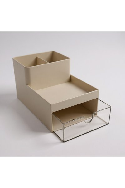 Saros Group Mini Drawer Makeup Organizer - Cream Color Box Cotton Pad and Lipstick Organizer (Transparent Compartment) 2