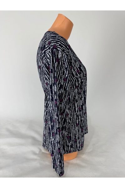 YAŞAR TRİKO Women's Black Floral Patterned U-Neck Long Sleeve Side Slit Suede Mother Combed Cotton T-Shirt