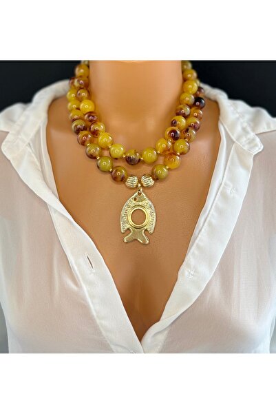 Limi Design Amber Color Fish Necklace -Bead Necklace -Multi Necklace