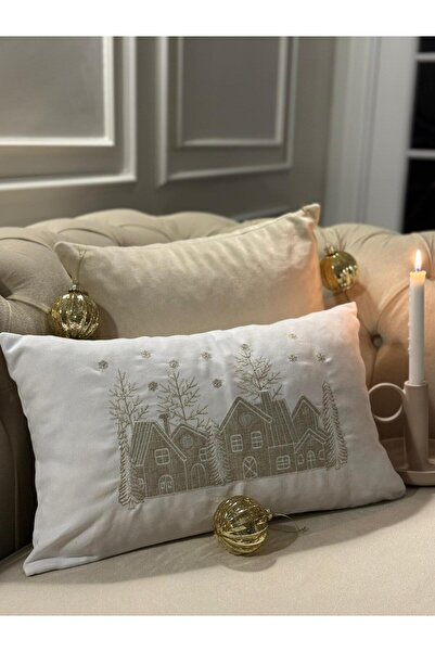 busrasdesign غطاء وسادة قرية رأس السنة الجديدة باللون الأبيض