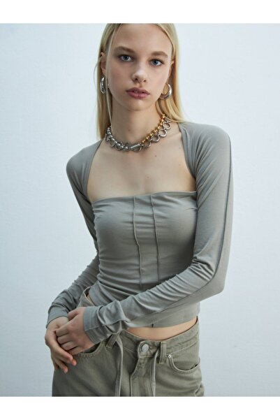 Ltb Strapless Long Sleeve Crop Anthracite Sweatshirt