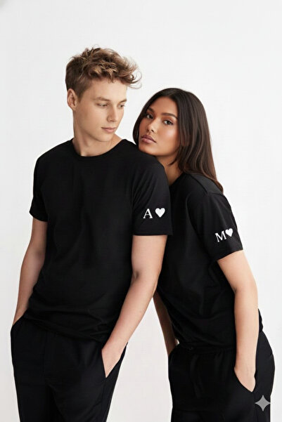 Modaikon Sevgiililer Günü Sevgili Kombini Kişiye Özel Harf Baskılı 2'li Tişört