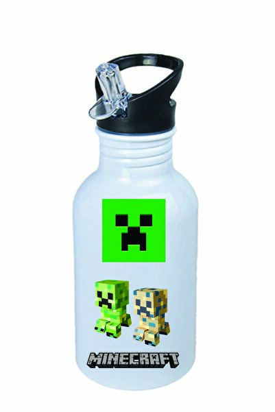 DKDZ SHOP Minecarfttt Baskılı Pipetli Beyaz Metal Suluk - 600ml