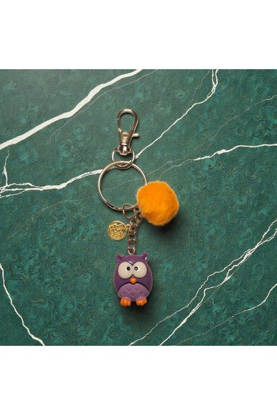Pawnest Handmade Purple Wise Owl Gift Keychain – Fu (福) Symbol of Luck and Blessings with Orange Pompom