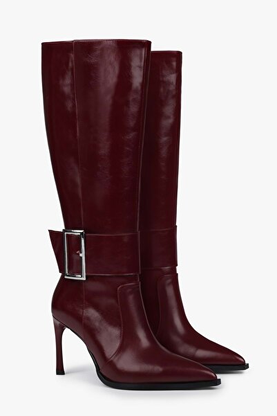 Shoeberry Women's Emma Burgundy Leather Buckle Heeled Boots