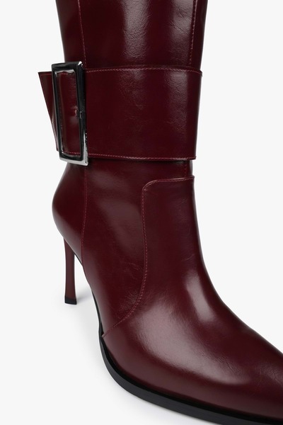 Shoeberry Women's Emma Burgundy Leather Buckle Heeled Boots