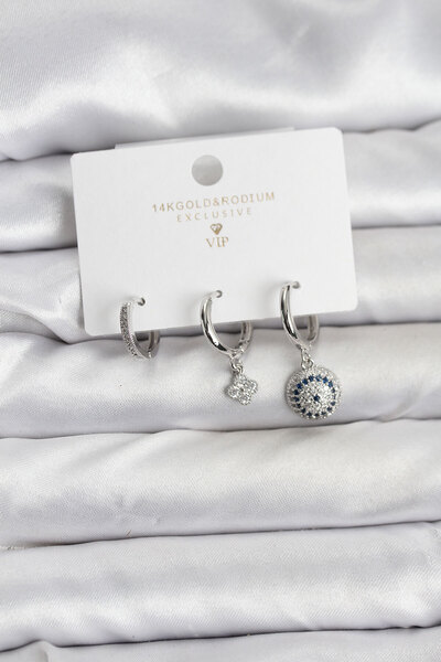 Mustran طقم أقراط نسائية من نزار موديل فضي اللون مصنوع من النحاس مكون من 3 قطع