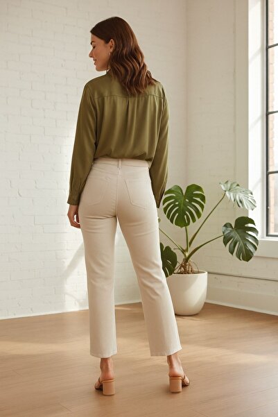 katalya Cream High-Waisted Long-Length Women's Pants