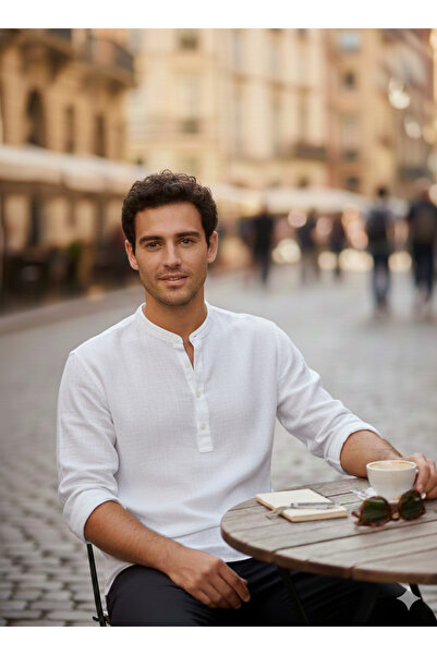 A&O Style Men's Oversized Hakim Collar Half Placket Buttoned Long Sleeve Muslin Linen Shirt