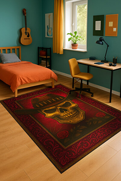 Rugs Modern Halı MOSSO Κόκκινο Θέμα Τριαντάφυλλο και Κρανίο με Μοτίβο Καουμπό...