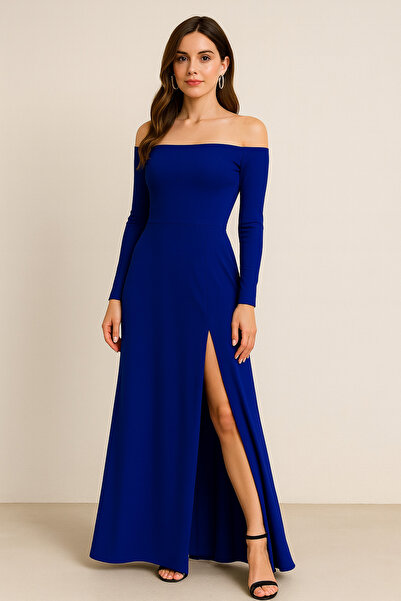 Mostpera Madonna Yaka Uzun Kollu Yırtmaç Detaylı Maxi Ithal Krep Elbise