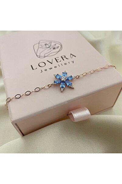 Lovera Jewellery 925 Ayar Gümüş Sertifikalı Rose Renk Mavi Taşlı Lotus Çiçeği...