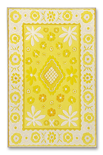 Rugs Modern Halı Mosso Yellow Themed Flowers and Diamond Pattern Woven Base M...