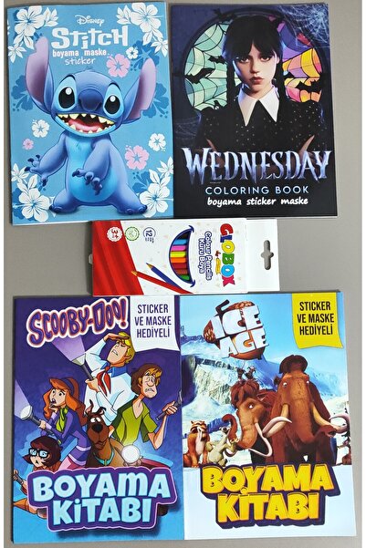 ada çanta kırtasiye 4 adet stickerli karakter figürlü boyama kitabı ve 12 li ...