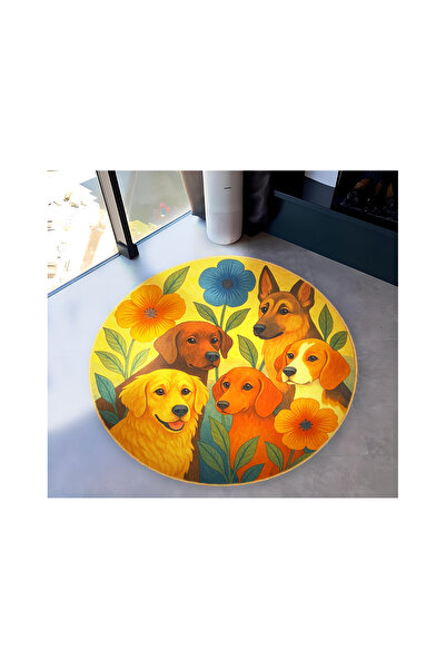 Rugs Modern Halı MOSSO Πολύχρωμα λουλούδια και σχέδια σκυλιών Υφαντό στρογγυλ...