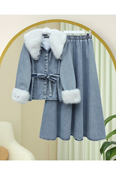 HİJABAYA Σετ τζιν στρογγυλός γιακάς με γούνινο λαιμόκοψη και μανίκια και ζώνη στη μέση