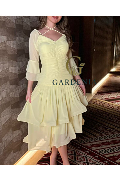 GARDENİA Soft, classic, youthful, layered lemon midi dress