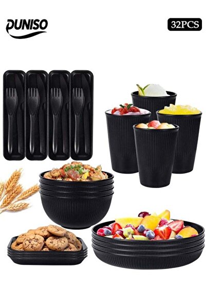 DOMEET 32-Piece Wheat Straw Cutlery Set, Black Plates, Bowls, Cups And Saucers (For Four), With Steak Knife