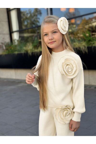 KOKOŞ BEBEK Rose Detailed Girls' Knitwear Set - 3 Pieces – Top + Pants + Hair Accessory - Age 3/12 - 31581