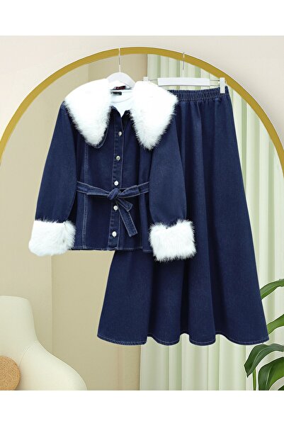 HİJABAYA Σετ τζιν στρογγυλός γιακάς με γούνινο λαιμόκοψη και μανίκια και ζώνη στη μέση